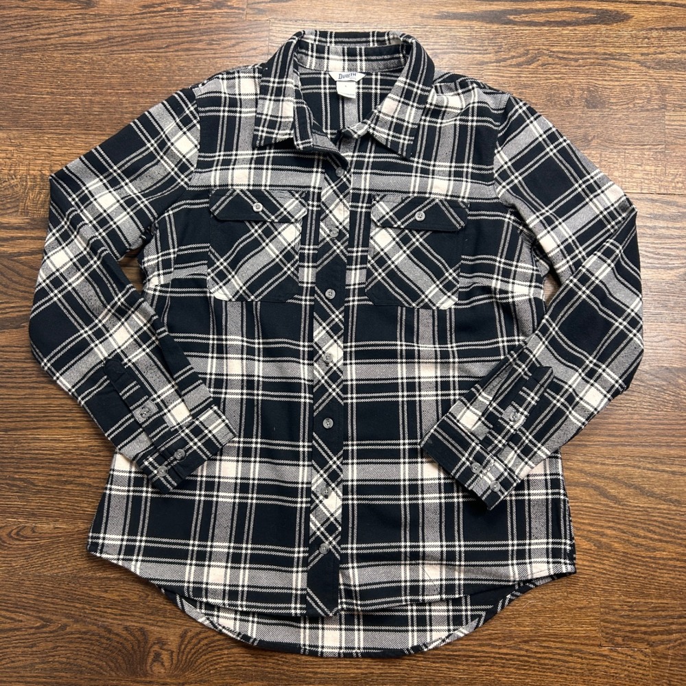 Duluth Trading Co Womens Large Black White Plaid Flannel Button Down Shirt